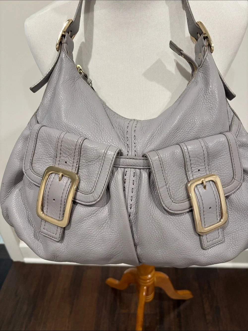 Cole Haan Light Gray Pebbled Leather Shoulder Hobo with Buckle Front Pockets